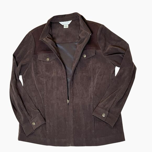 Allison Daley Faux Suede Jacket Size 12 Brown Side Pockets Full Zip Vintage - Picture 3 of 6
